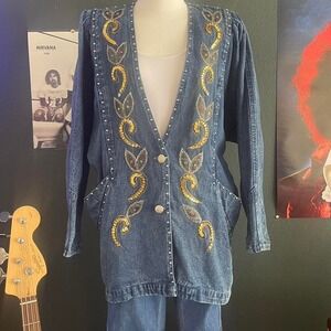 Vintage 80s embroidered denim duster jacket with studs rhinestones and sequins